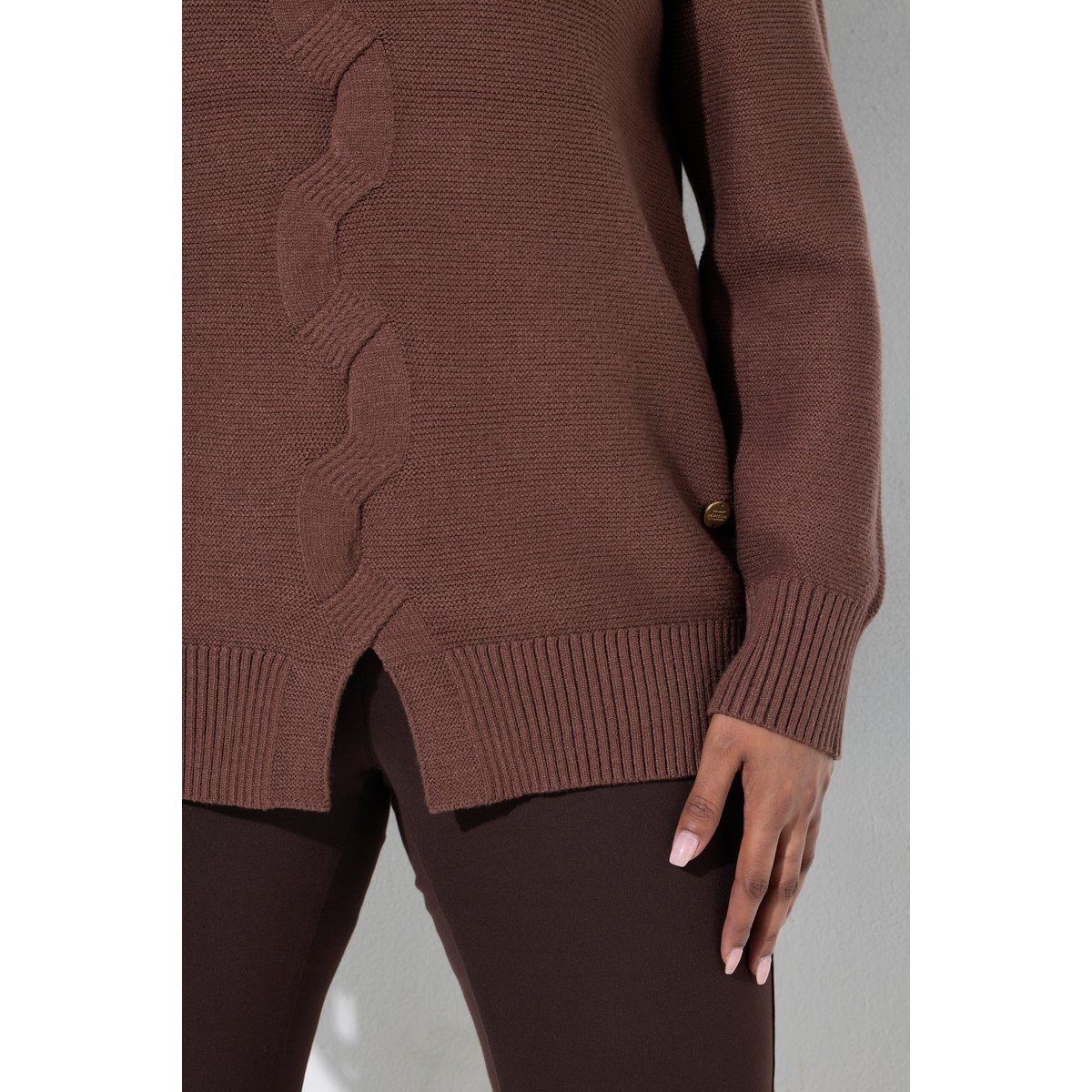 Pull maille envers, motif torsadé marron, ULLA POPKEN