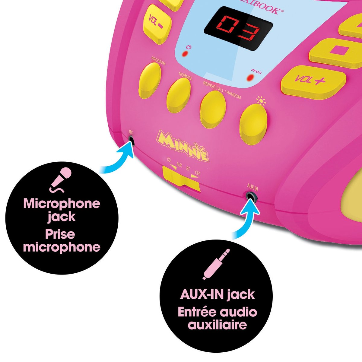 Lecteur CD Bluetooth Minnie avec effets lumineux rose, LEXIBOOK