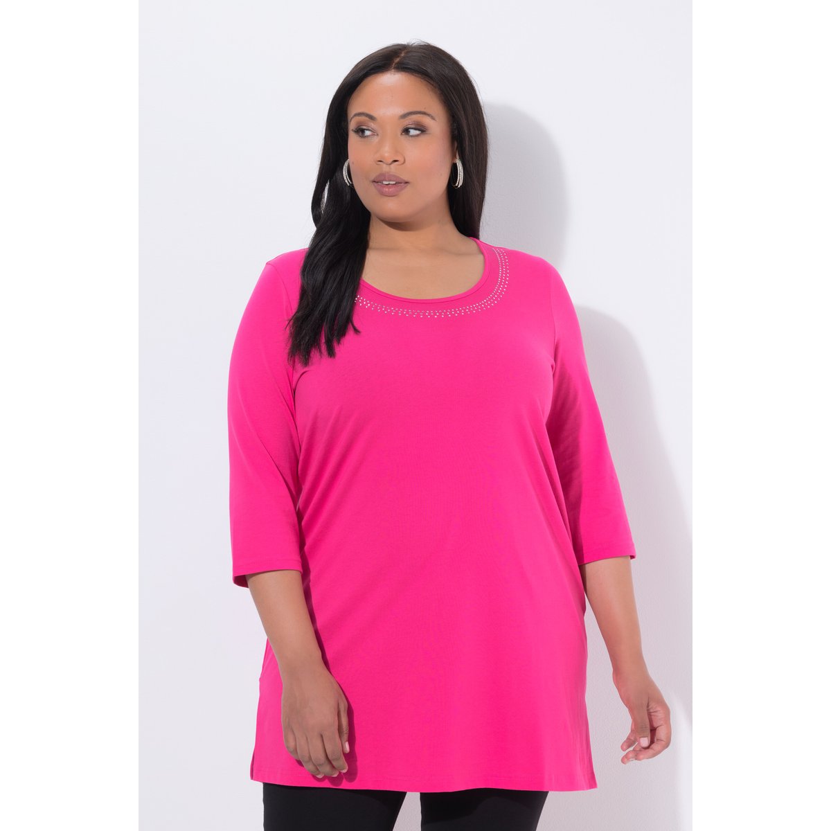 T-shirt long avec rivets fantaisie rose vif, ULLA POPKEN