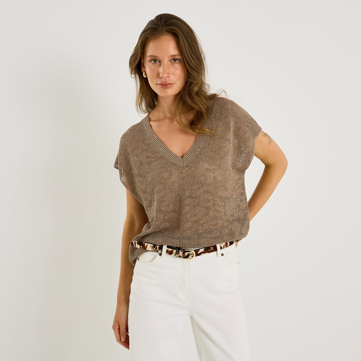 Pull manches courtes brillant marron moka, GRAIN DE MALICE