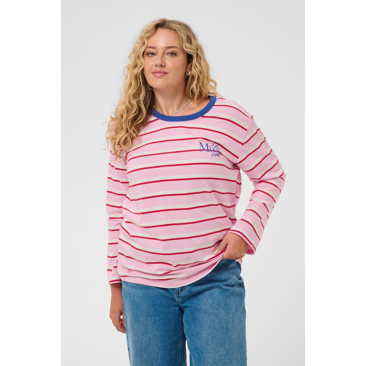 T-shirt à manches longues rose rouge pink/red, chalk stripe, KAFFE CURVE