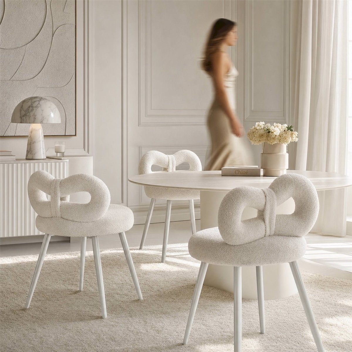 Mini chaise bouclette dossier enveloppant pieds blanc, RECOLLECTION
