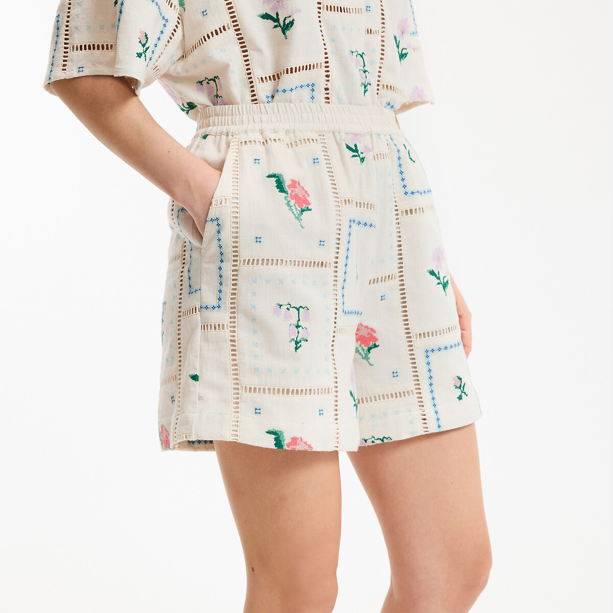 Short brodé floral à taille élastiquée beige naturel, LA REDOUTE COLLECTIONS