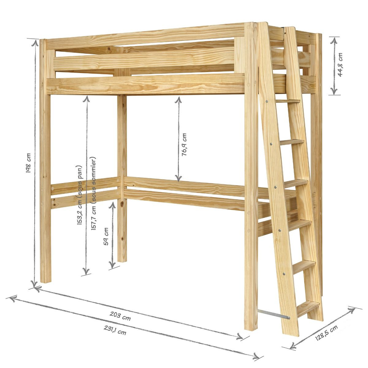 Pack lit mezzanine 2 places avec matelas Bois massif ORSAI bois naturel, AKITEN RETAIL