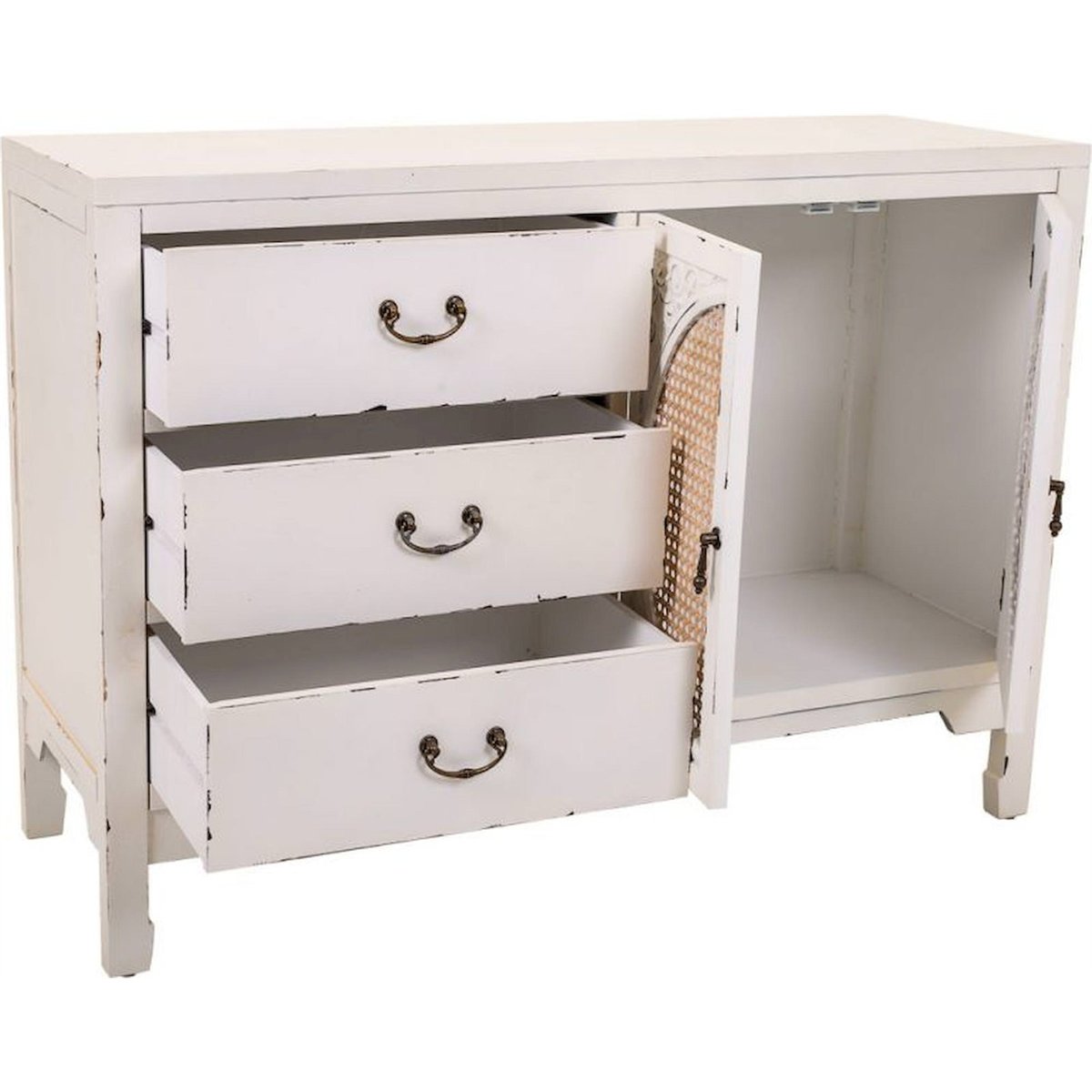 Enfilade rectangulaire en bois et rotin blanc antique et rotin naturel, RECOLLECTION