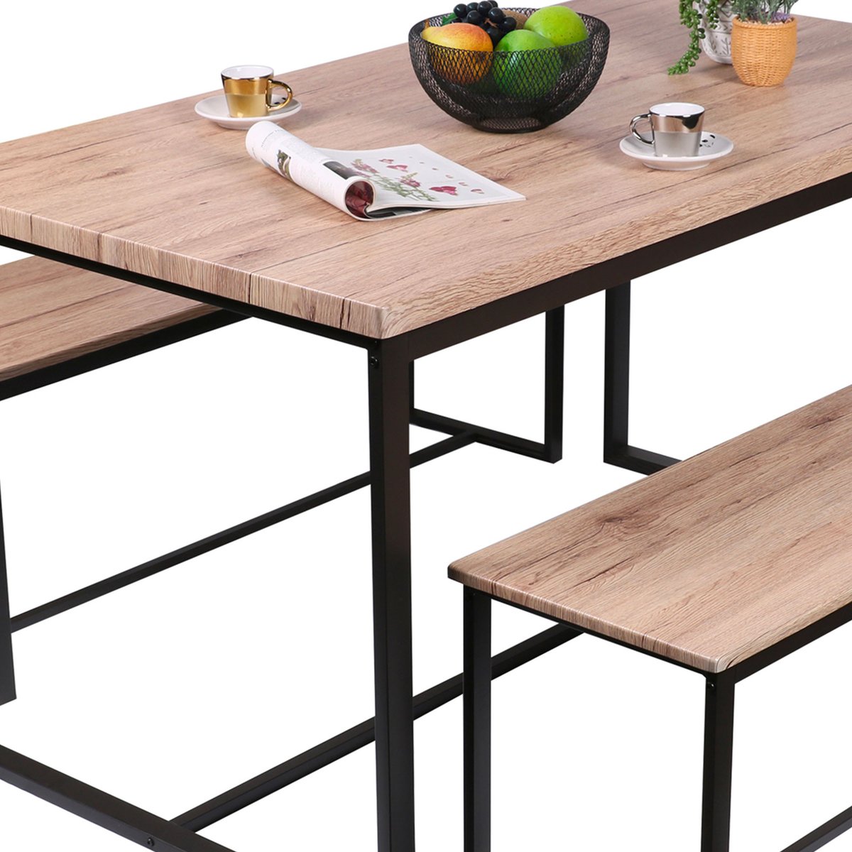 Table à manger avec 2 bancs design industriel DOCK noir, URBAN LIVING
