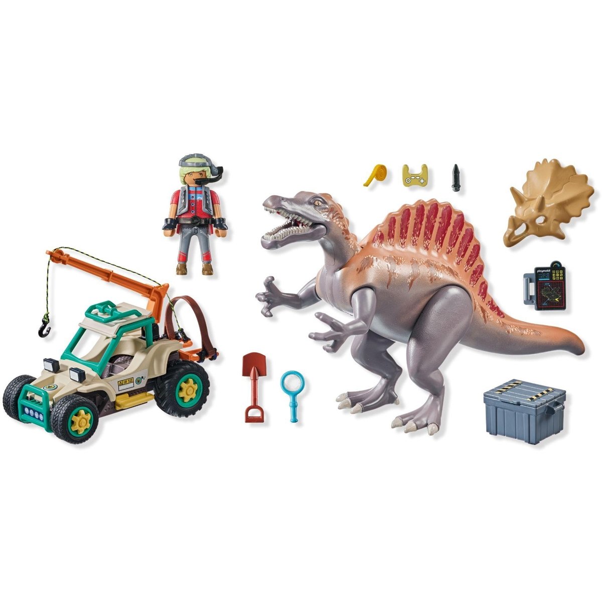 Spinosaure, chercheur et véhicule à grue pivotante multicolore, PLAYMOBIL