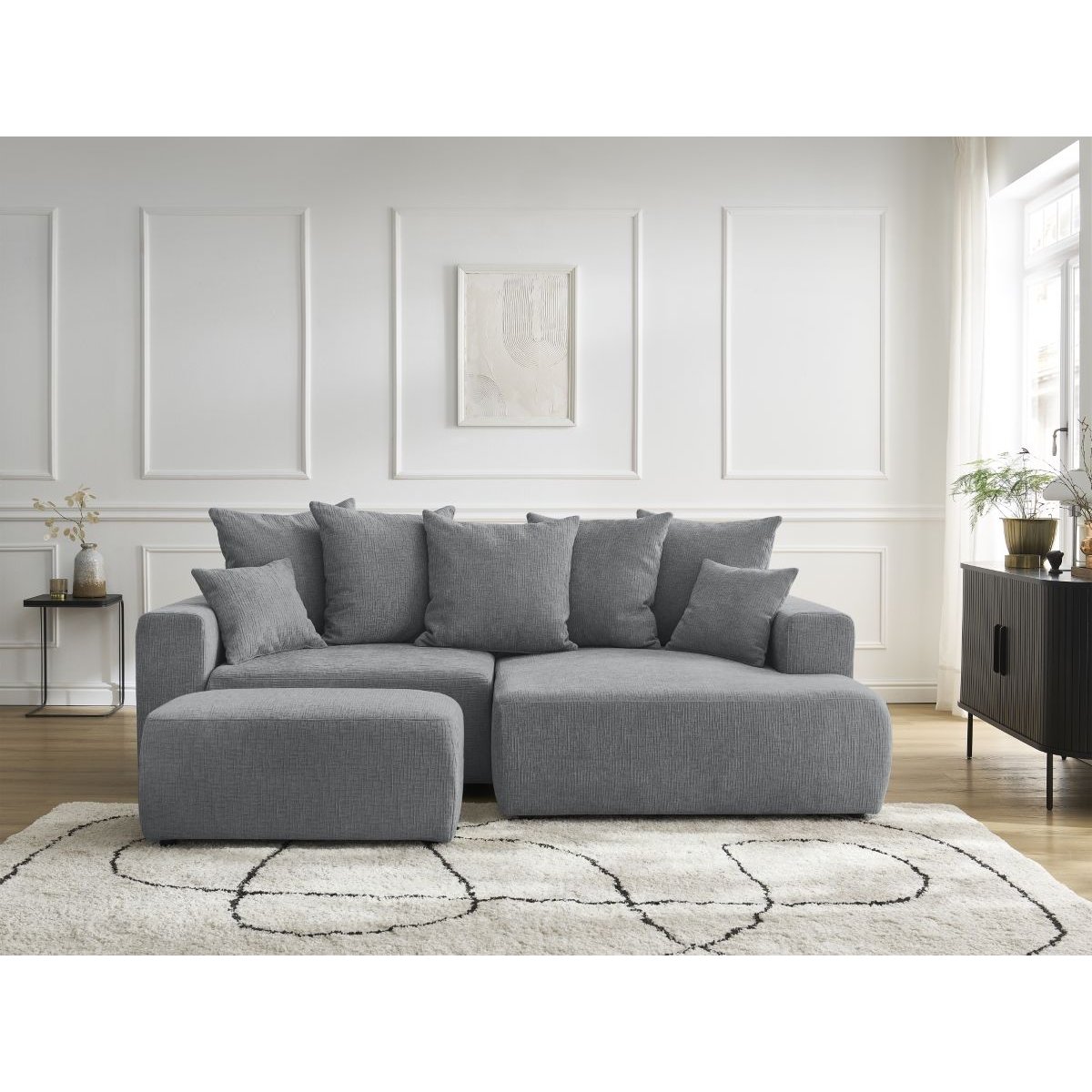 Canapé d'angle convertible 5 places en tissu texturé avec pouf, ATILLA gris foncé, BOBOCHIC