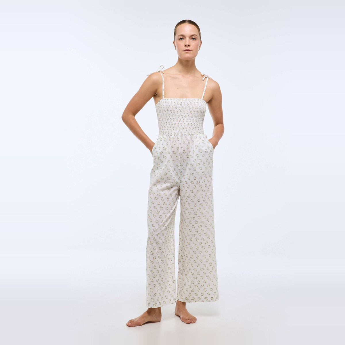 Combinaison longue imprimée à bretelles en coton BIO GOTS blanc, MONOPRIX
