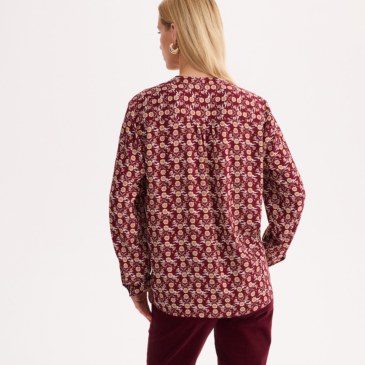 Floral Print Viscose Long Sleeve Grandad Collar Blouse floral print/burgundy background, ANNE WEYBURN