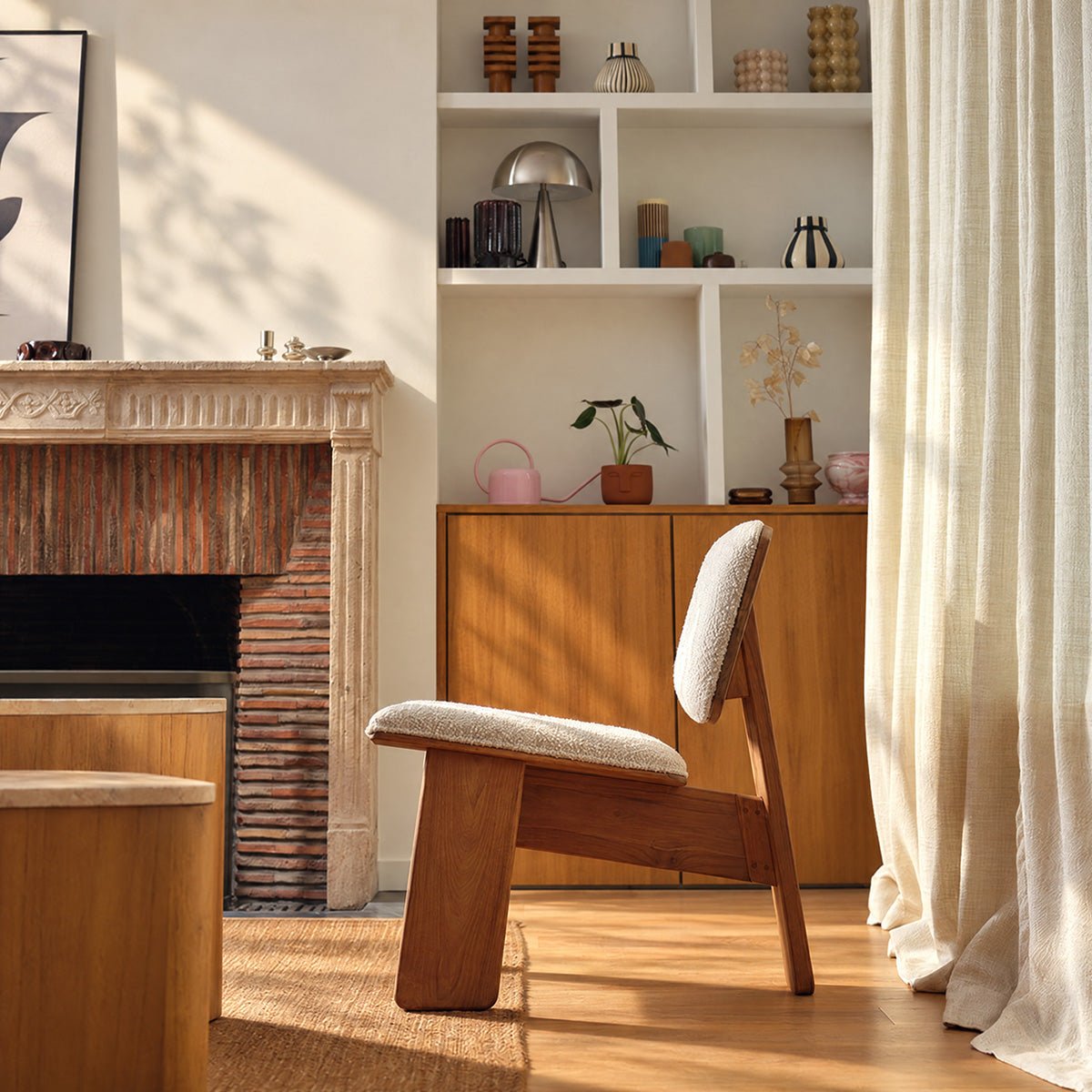 Fauteuil en teck massif et tissu bouclette  BILY ecru, BERAH GETAH