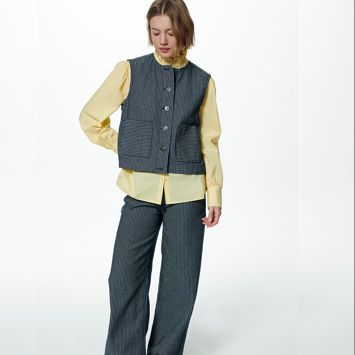 Veste sans manches, coupe droite, denim à rayures rayé bleu marine/blanc, LA REDOUTE COLLECTIONS