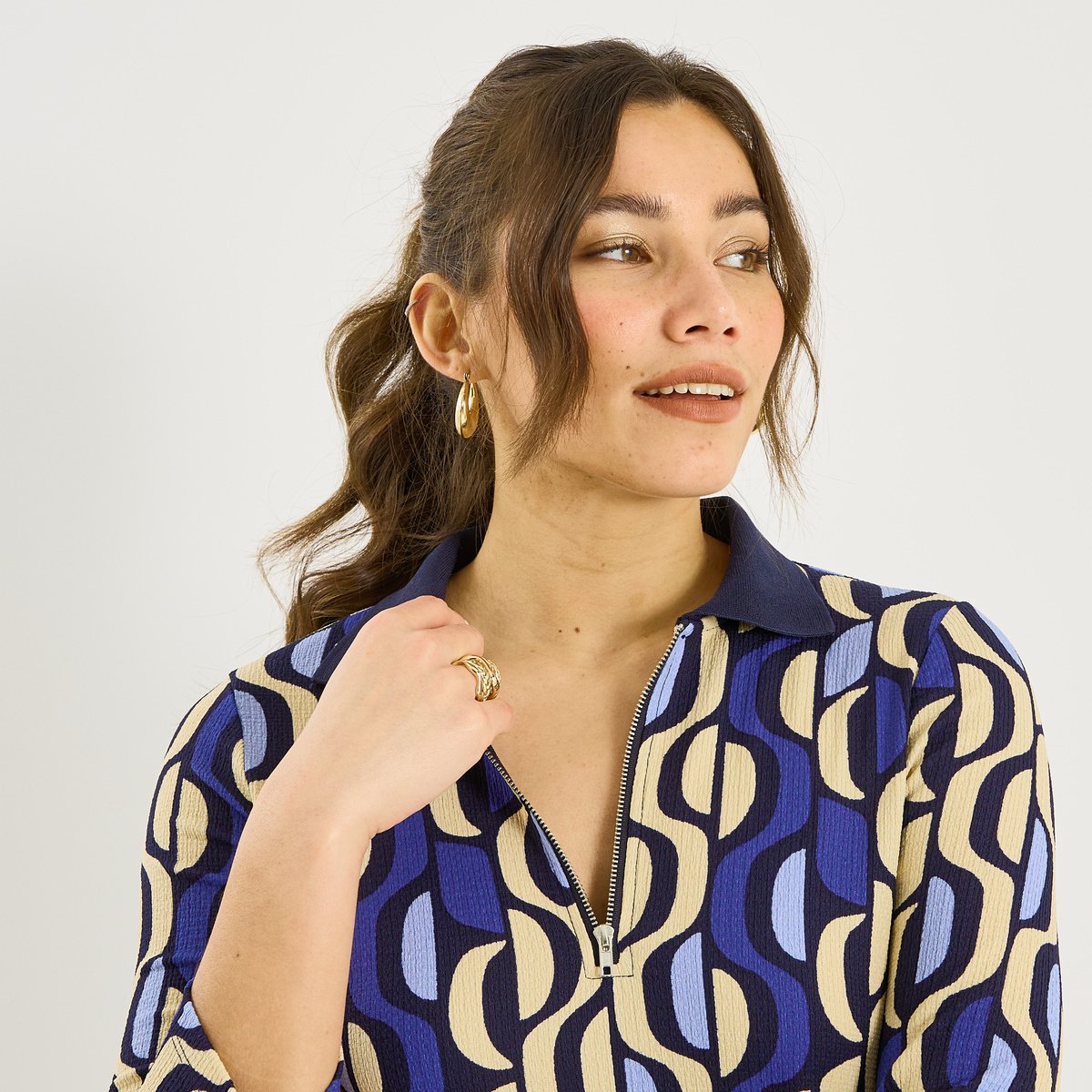 Robe courte en maille imprimée bleu marine, GRAIN DE MALICE