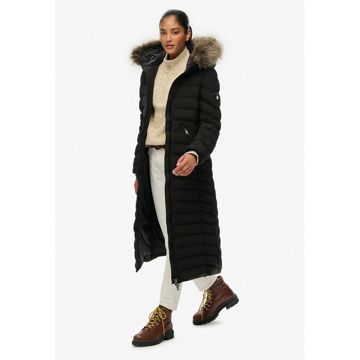 Veste longue à capuche en imitation fourrure Fuji noir, SUPERDRY