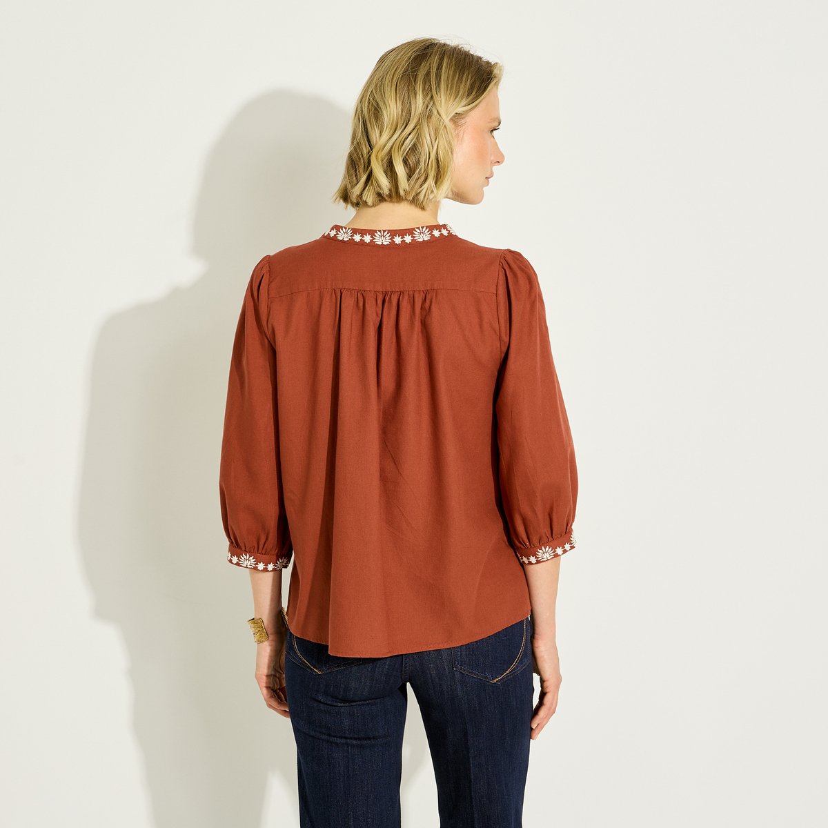 Blouse à broderies florales orange terracota, GRAIN DE MALICE