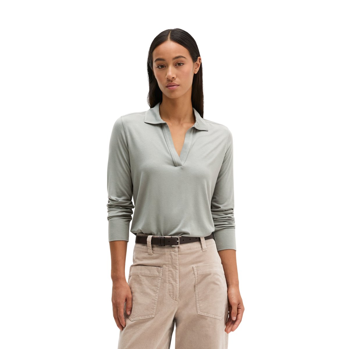 Blouse en jersey style polo regular en mélange viscose-modal gris, MARC O'POLO