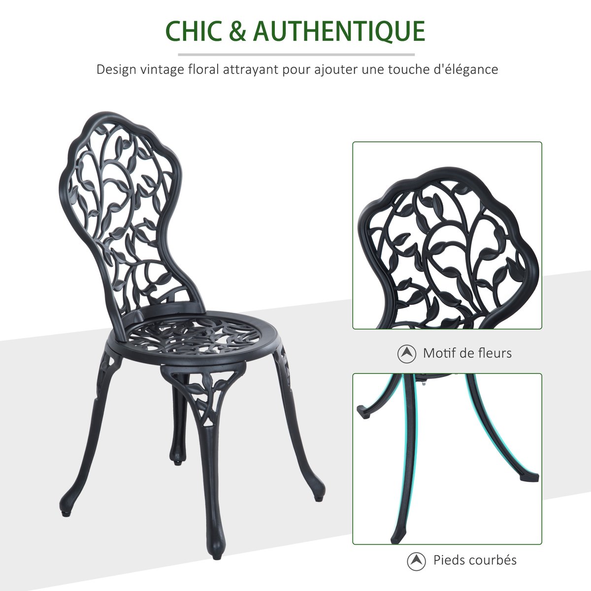 Ensemble salon de jardin 2 places avec table ronde style rétro fonte alu noir noir, OUTSUNNY