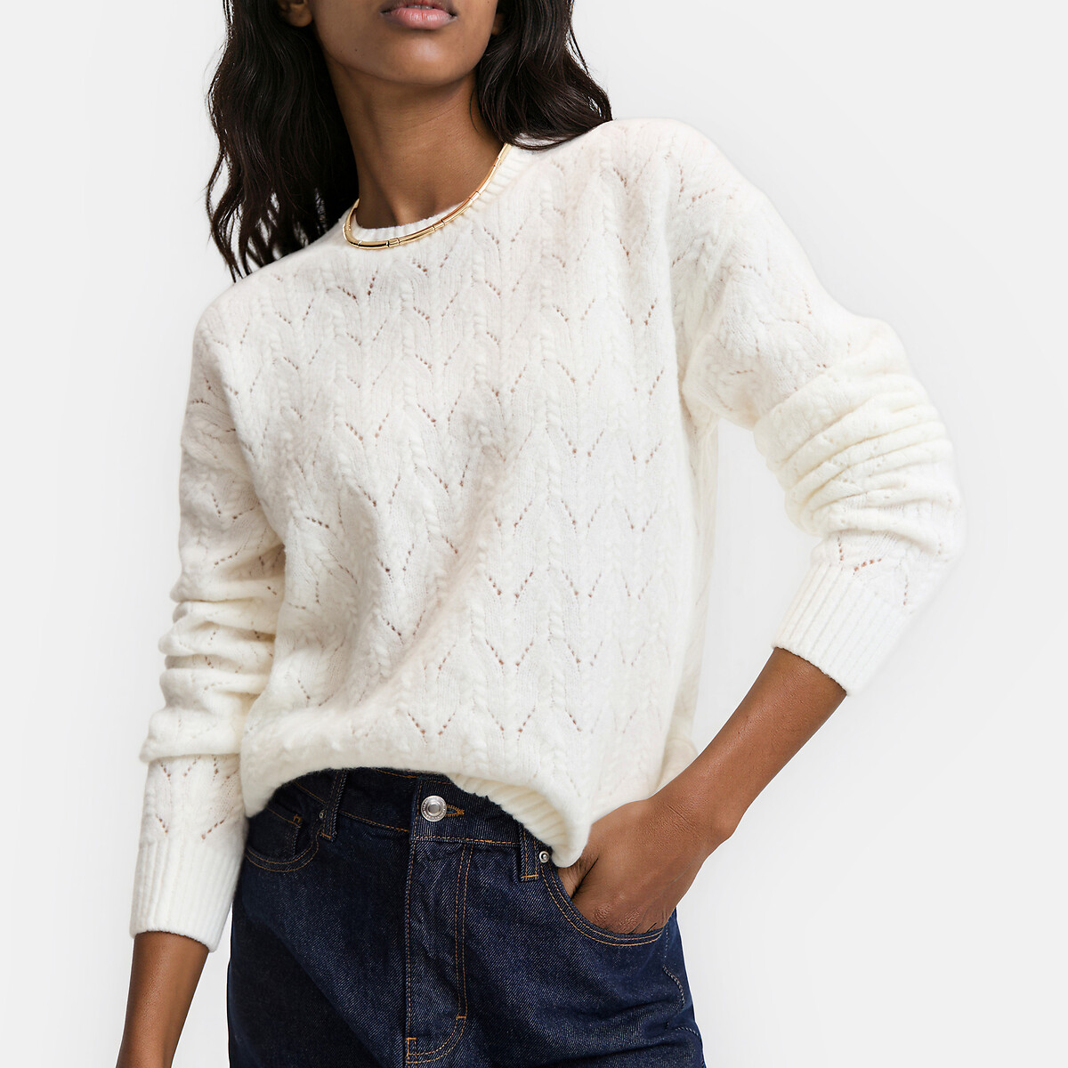 Pull col rond en maille torsadée ajourée vert d'eau, LA REDOUTE COLLECTIONS