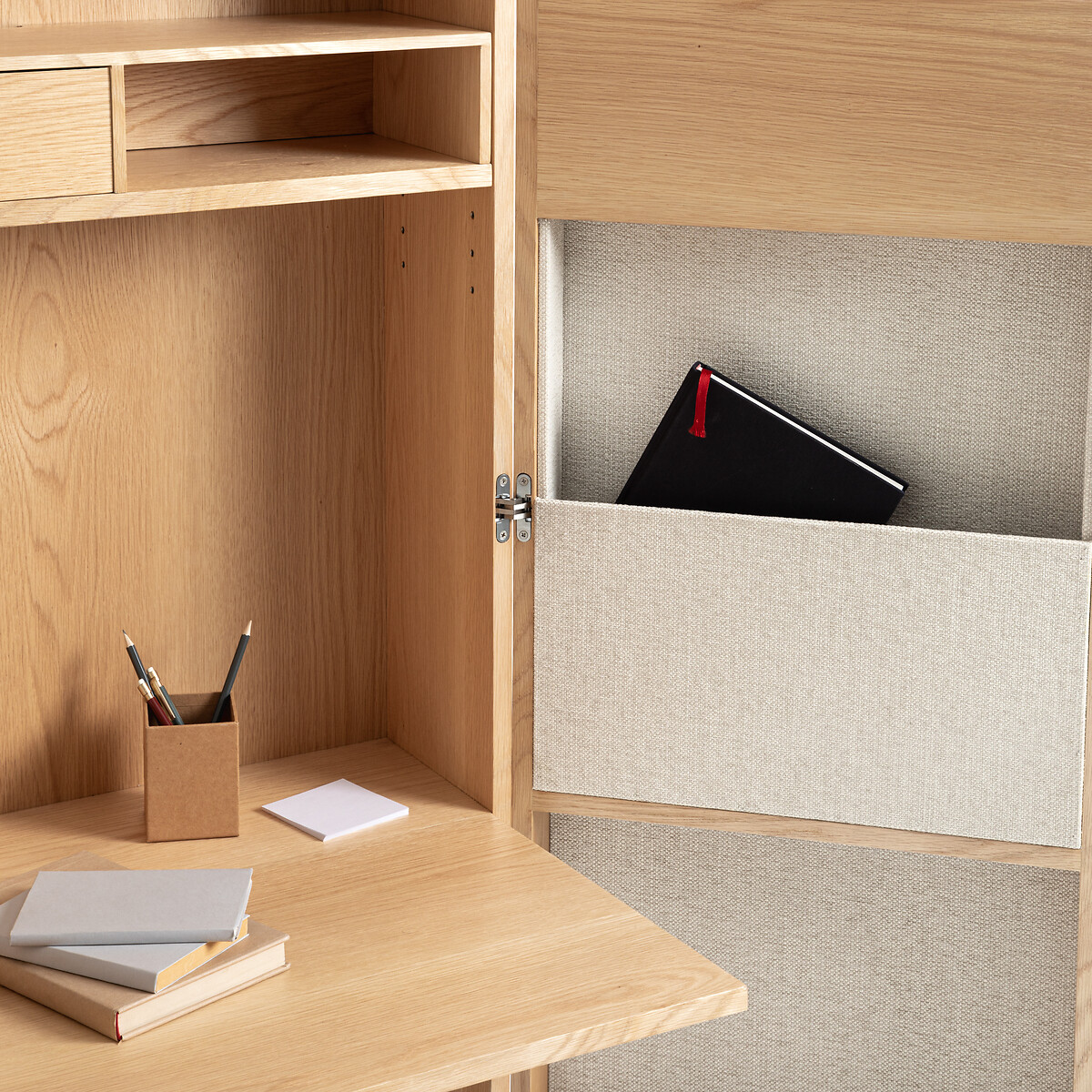 Bureau armoire plaqué chêne tissu texturé, Omid beige ficelle/chêne, AM.PM