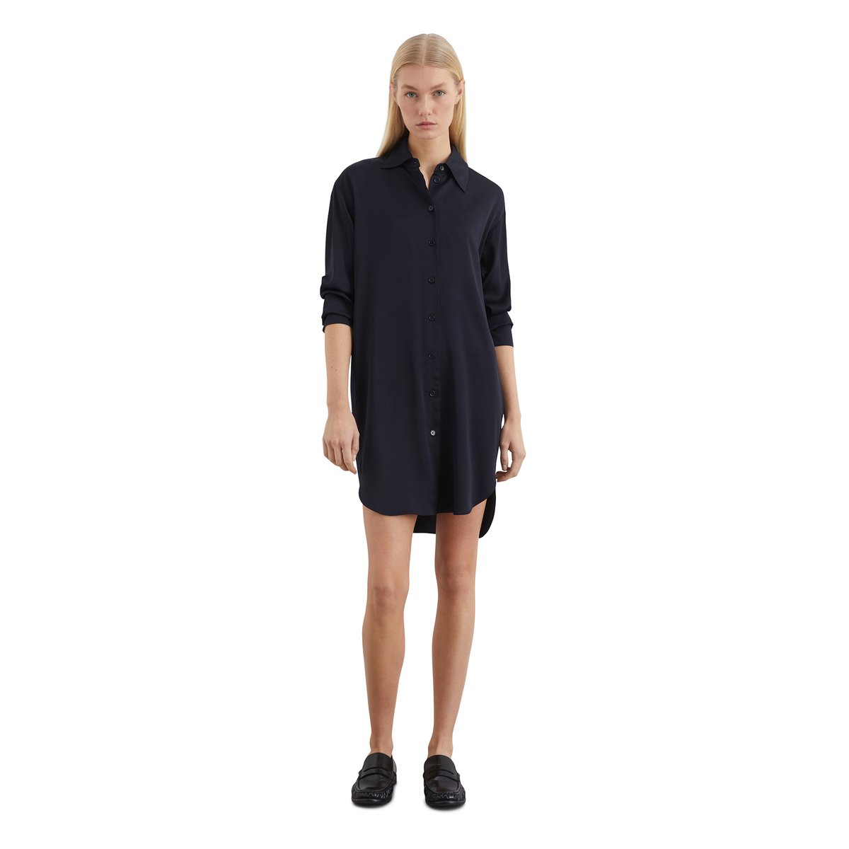Robe chemisier en satin regular en viscose stretch fluide bleu foncé, MARC O'POLO