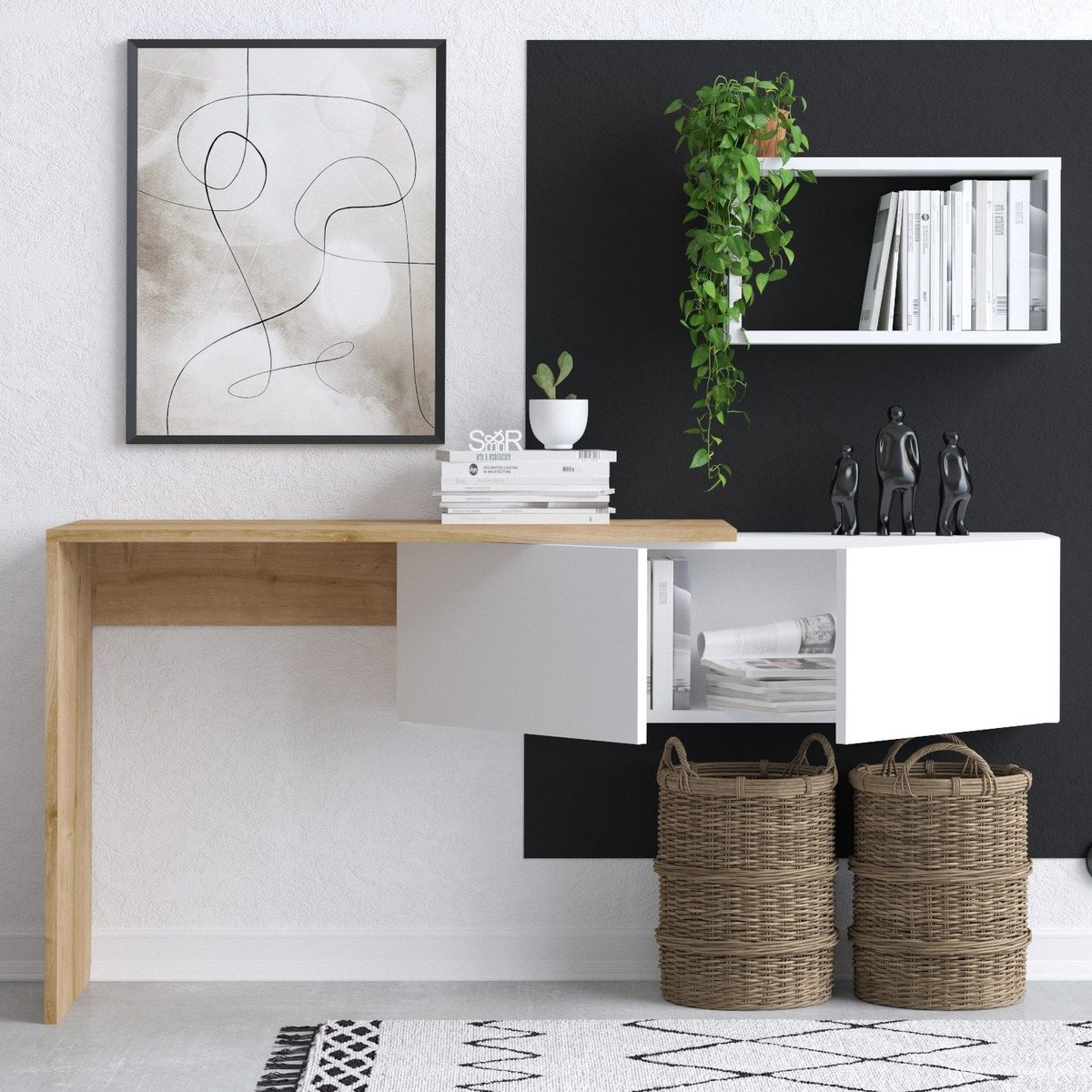 Bureau design asymétrique avec rangement mural TULUM beige, TOILINUX