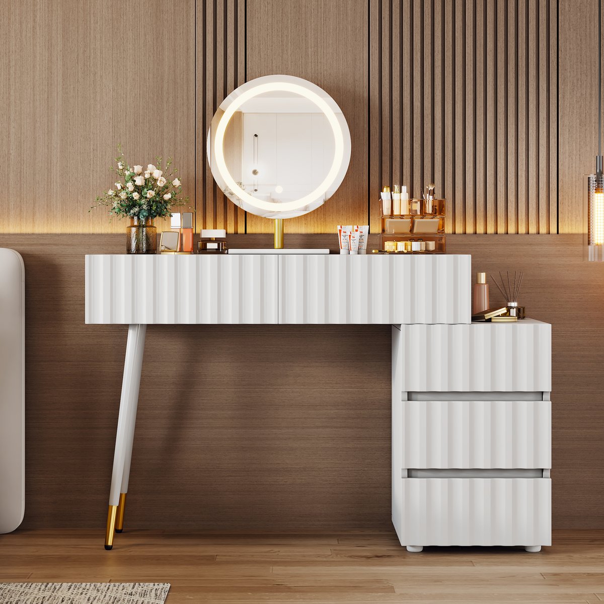 Coiffeuse table de maquillage avec 5 tiroirs, ULTRAE blanc, MEUBLES COSY