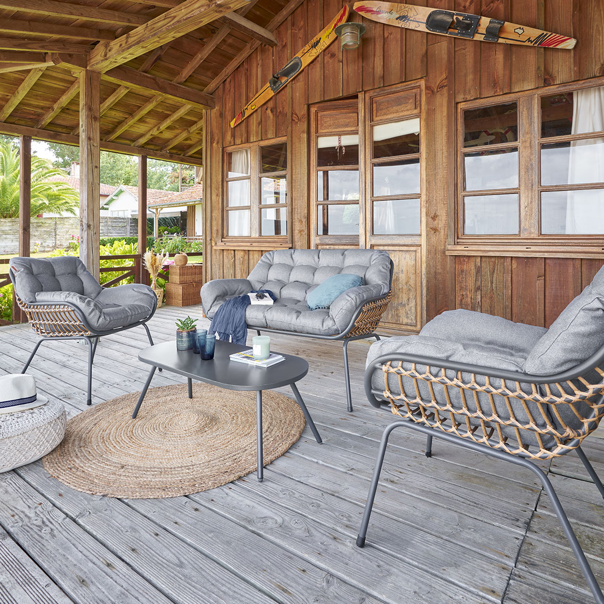 Salon de jardin 4 places corde tressée coussins capitonnés PAOPAO gris graphite, HESPERIDE