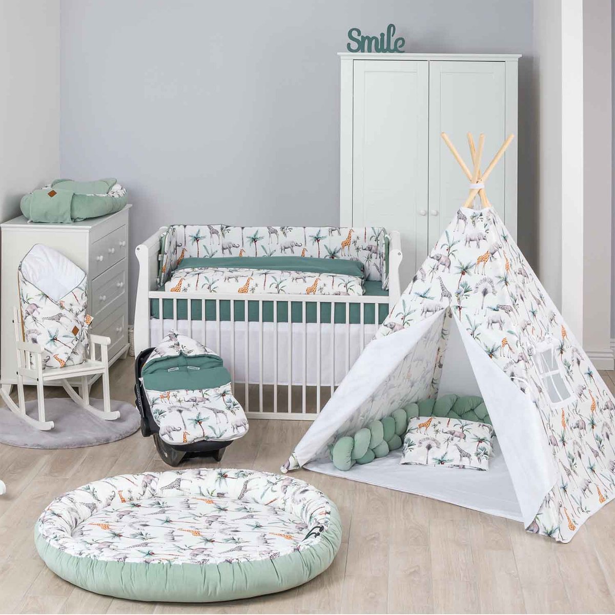 Drap housse couffin en satin de coton SAFARI safari, vert, gris, blanc, SEVIRA KIDS