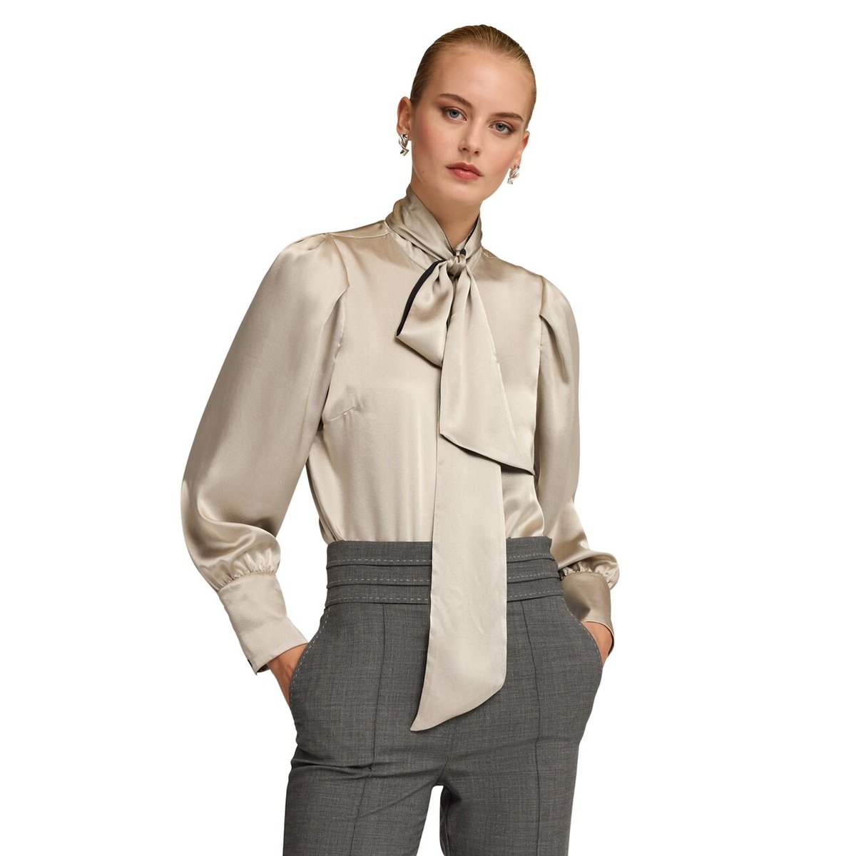 Blouse body en satin avec nœud au cou gris, MOTIVI