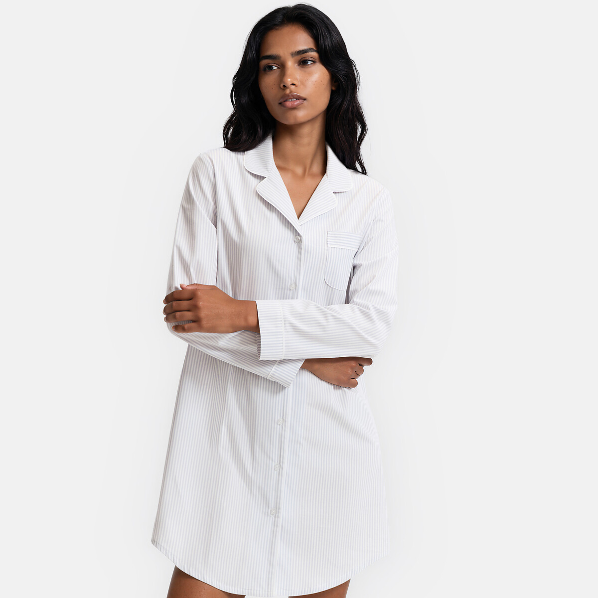 Chemise de nuit forme liquette en popeline rayée rayé bleu blanc, ANNE WEYBURN