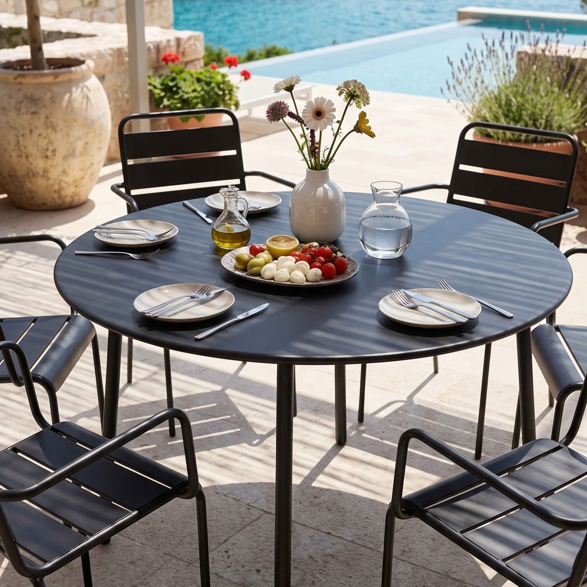 Salon de jardin table ronde et 6 fauteuils en métal, PALAVAS gris anthracite, OVIALA
