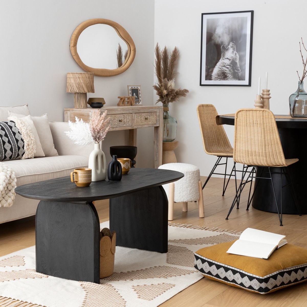 Table basse ovale bois de manguier ISANA noir, ATMOSPHERA