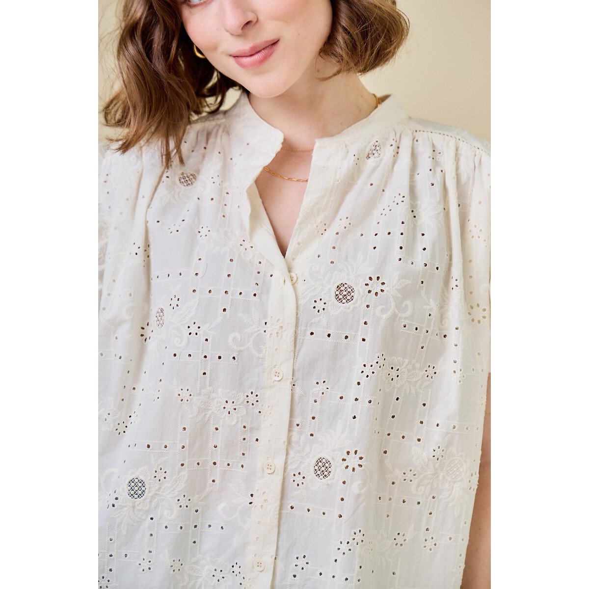 Embroidered Short Sleeve Blouse ecru , SEE U SOON