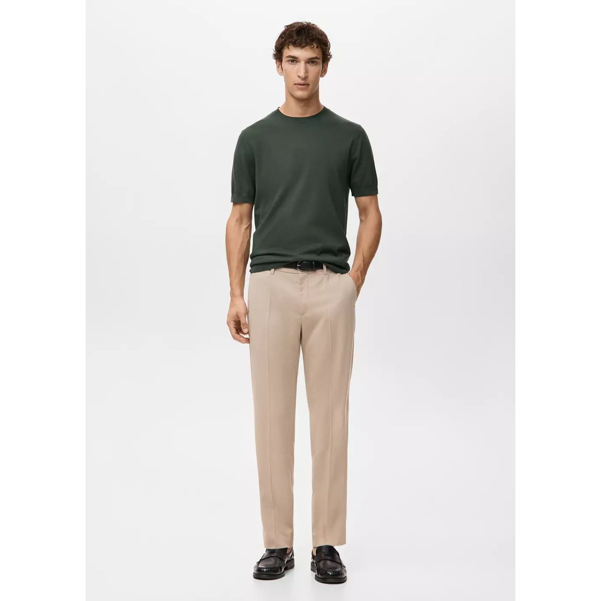 T-shirt maille fine 100 % coton kaki, MANGO MAN