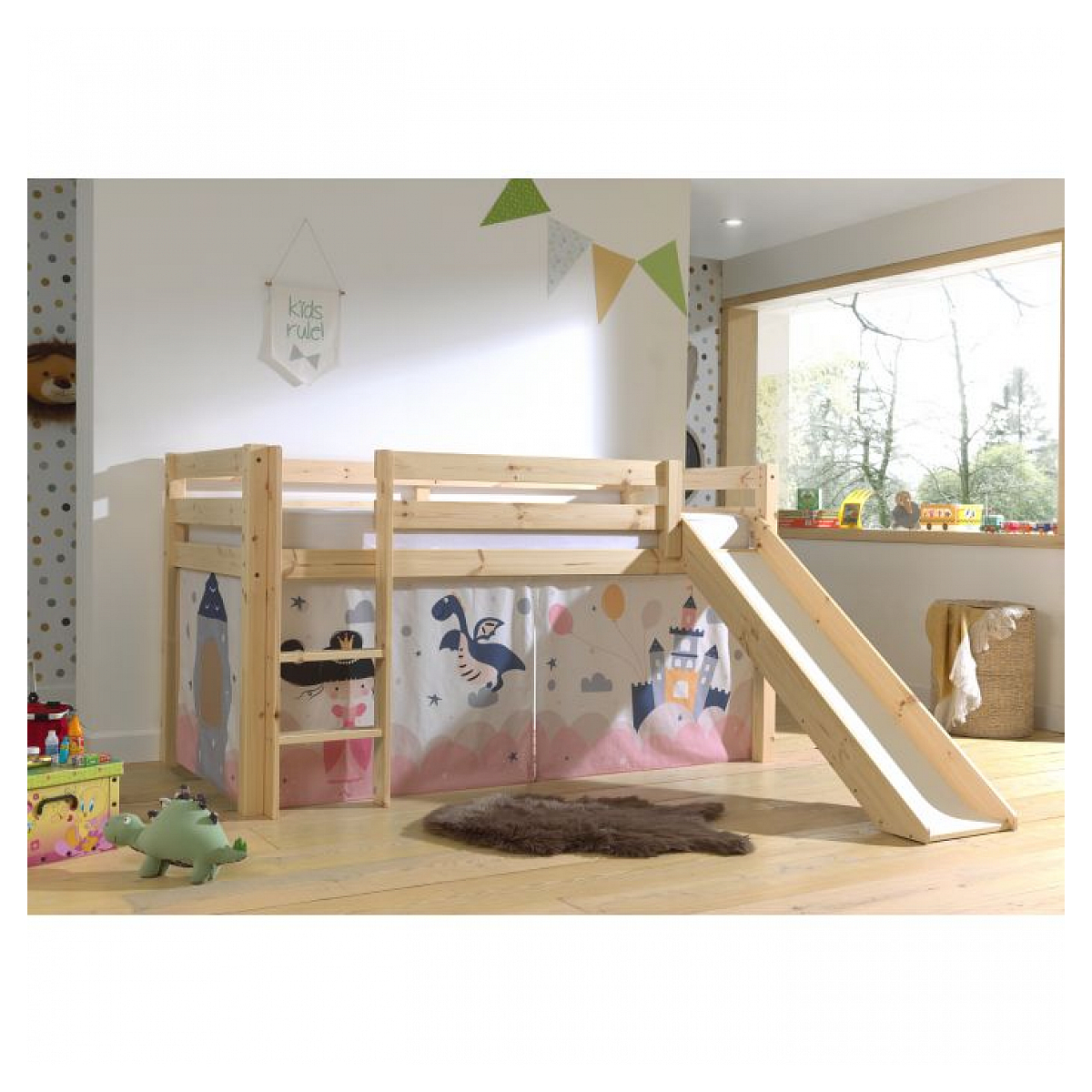 Lit Compact avec Toboggan Nature + Rideau en parties Princesse couleur unique, VIPACK