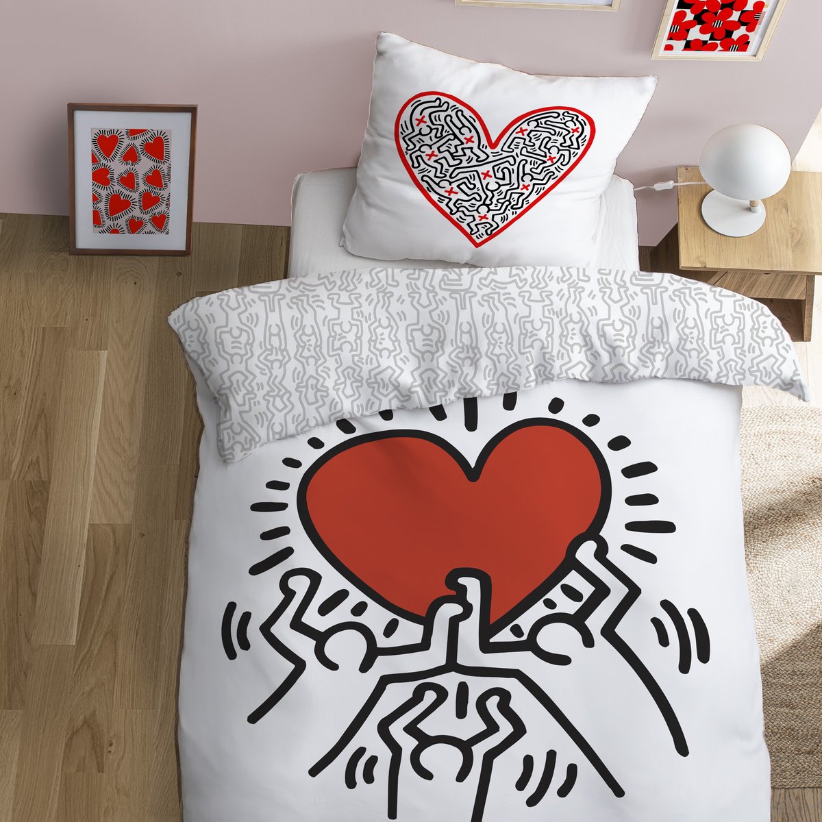 Parure de lit imprimée 100% coton, RED LOVE blanc/rouge, KEITH HARING