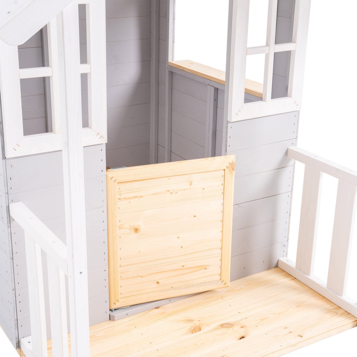 Maisonnette sur pilotis, glissière, 2 balançoires PERCE-NEIGE marron - gris - blanc - vert, TP TOYS