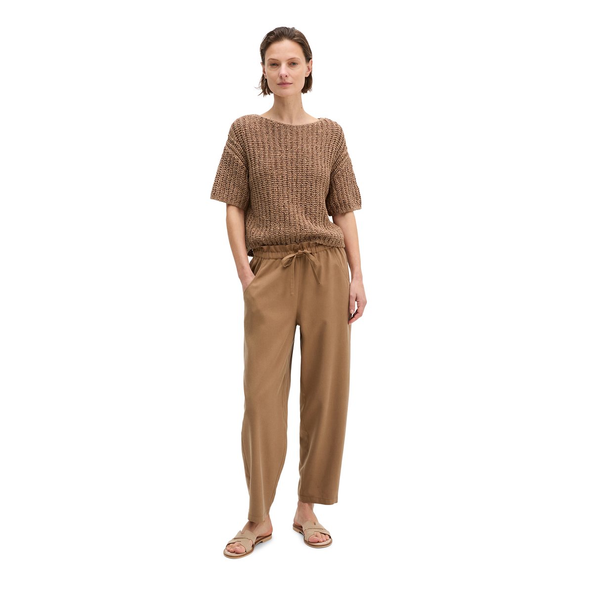 Pull-over en maille à manches courtes boxy en fil à bandelettes marron, MARC O'POLO