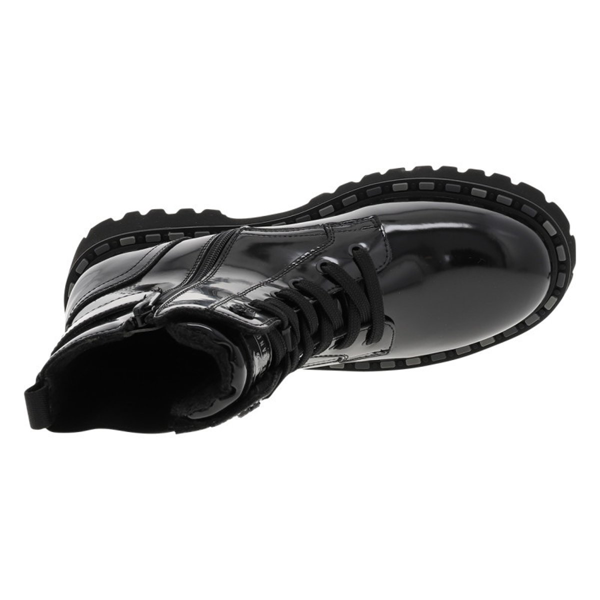 Bottines noires vernis à talon décroché bas avec des lacets plats et un zip noires vernies, MUSTANG