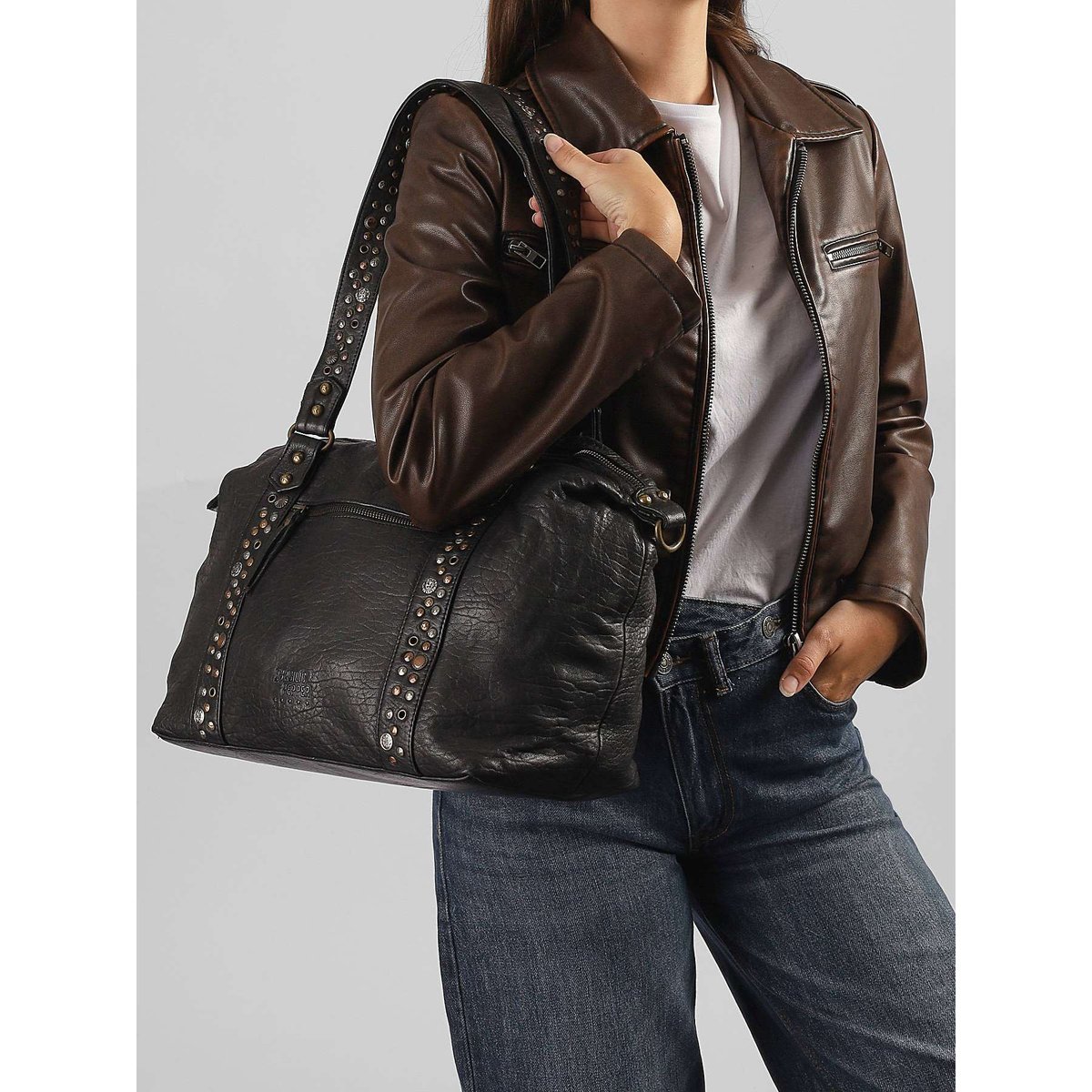 Sac porté épaule Brooklyn cuir black, BASILIC PEPPER