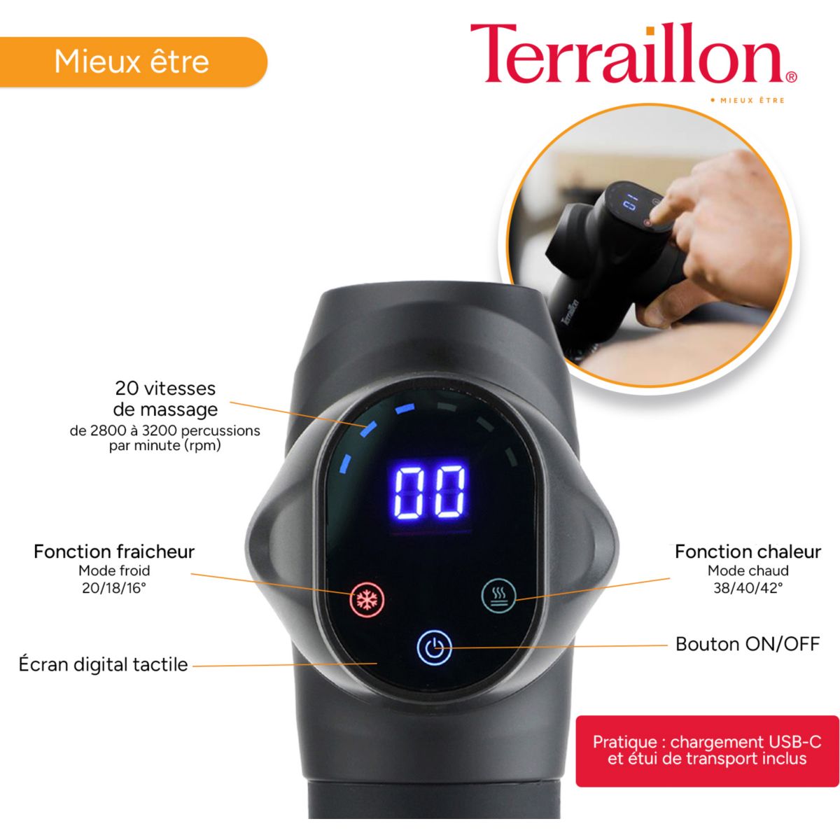 Pistolet de massage de massage Expert chaud & froid noir, TERRAILLON