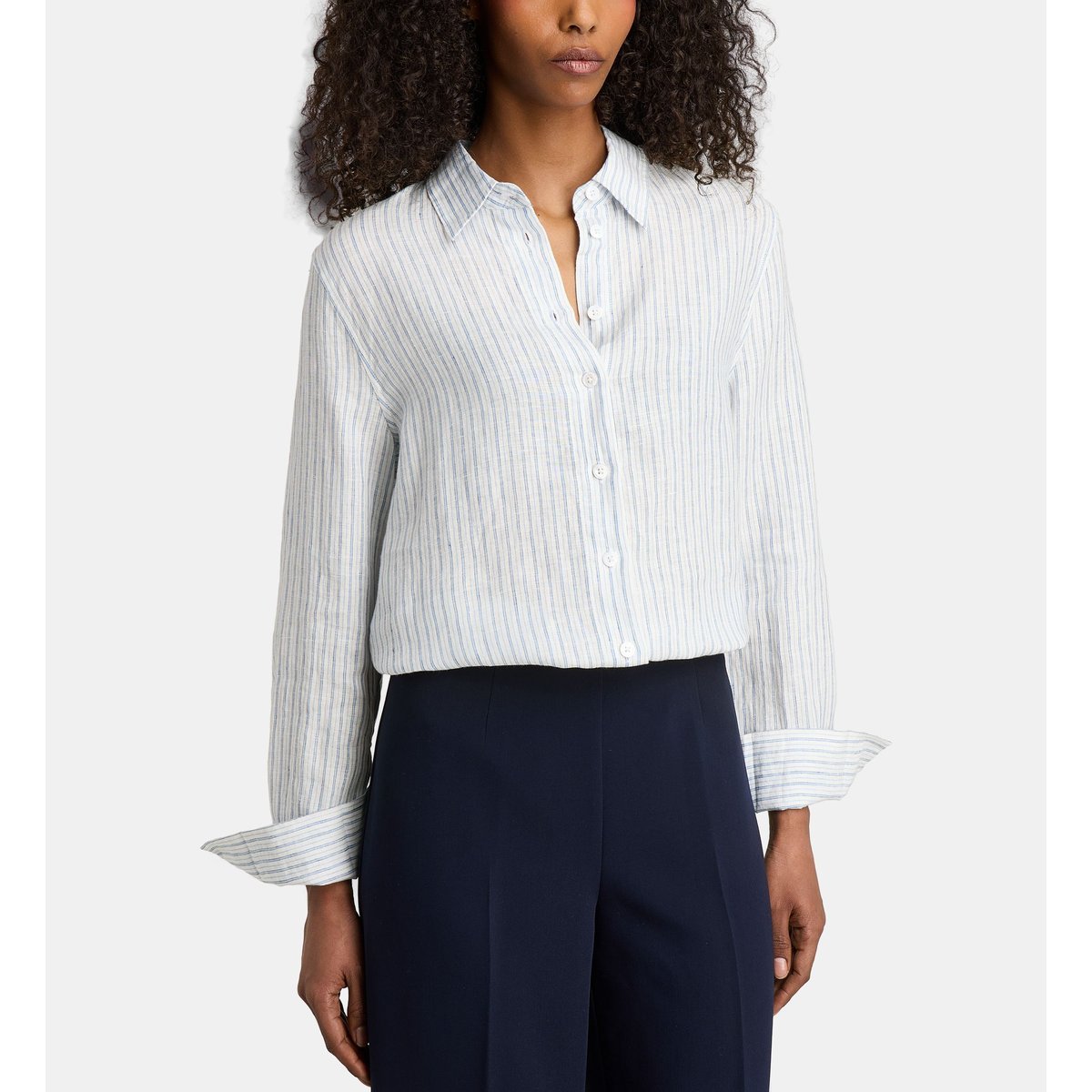 Chemise droite manu à rayures coton bleu et écru, JODHPUR