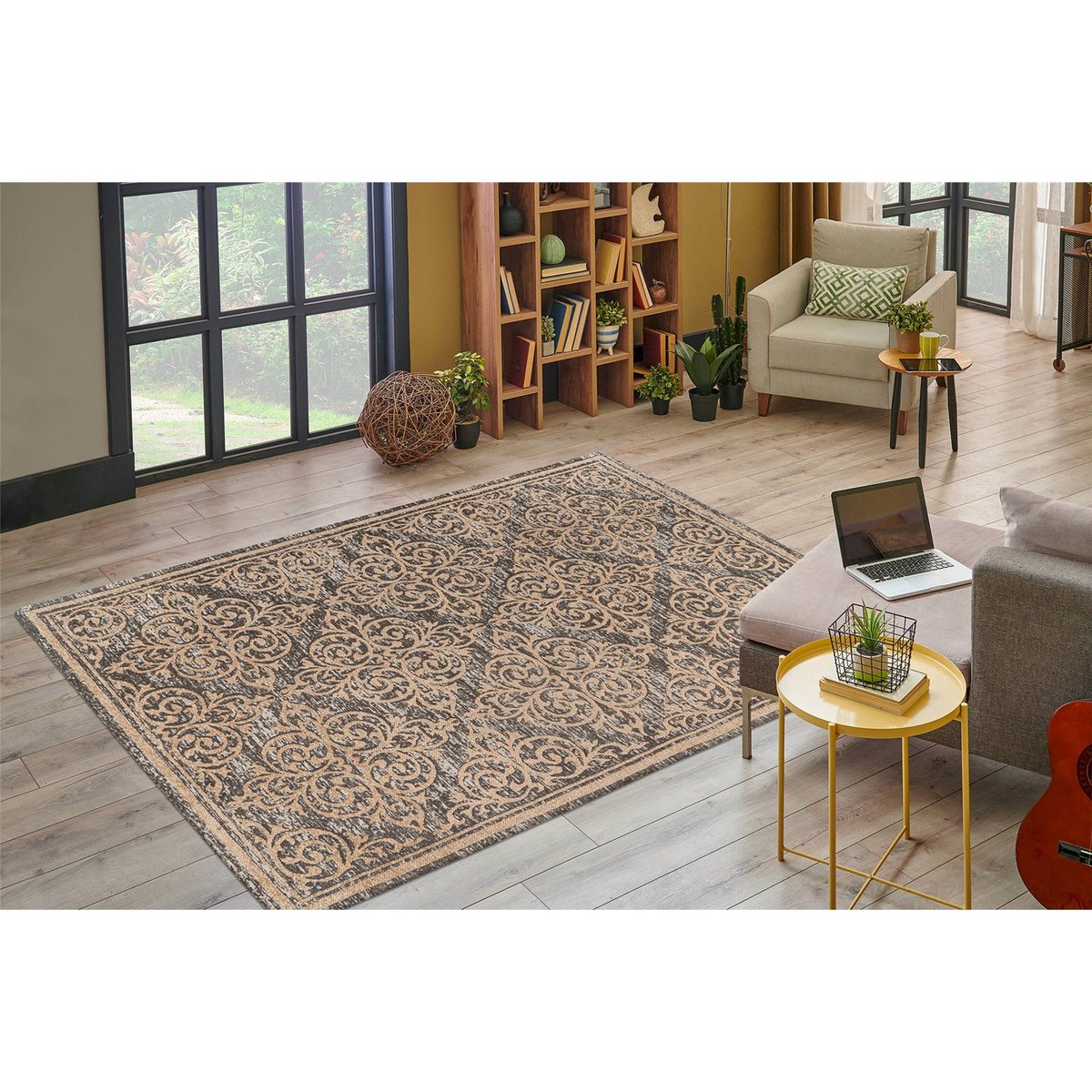 Tapis à poil court, Motifs orientaux beige sable et gris anthracite, ARTE ESPINA
