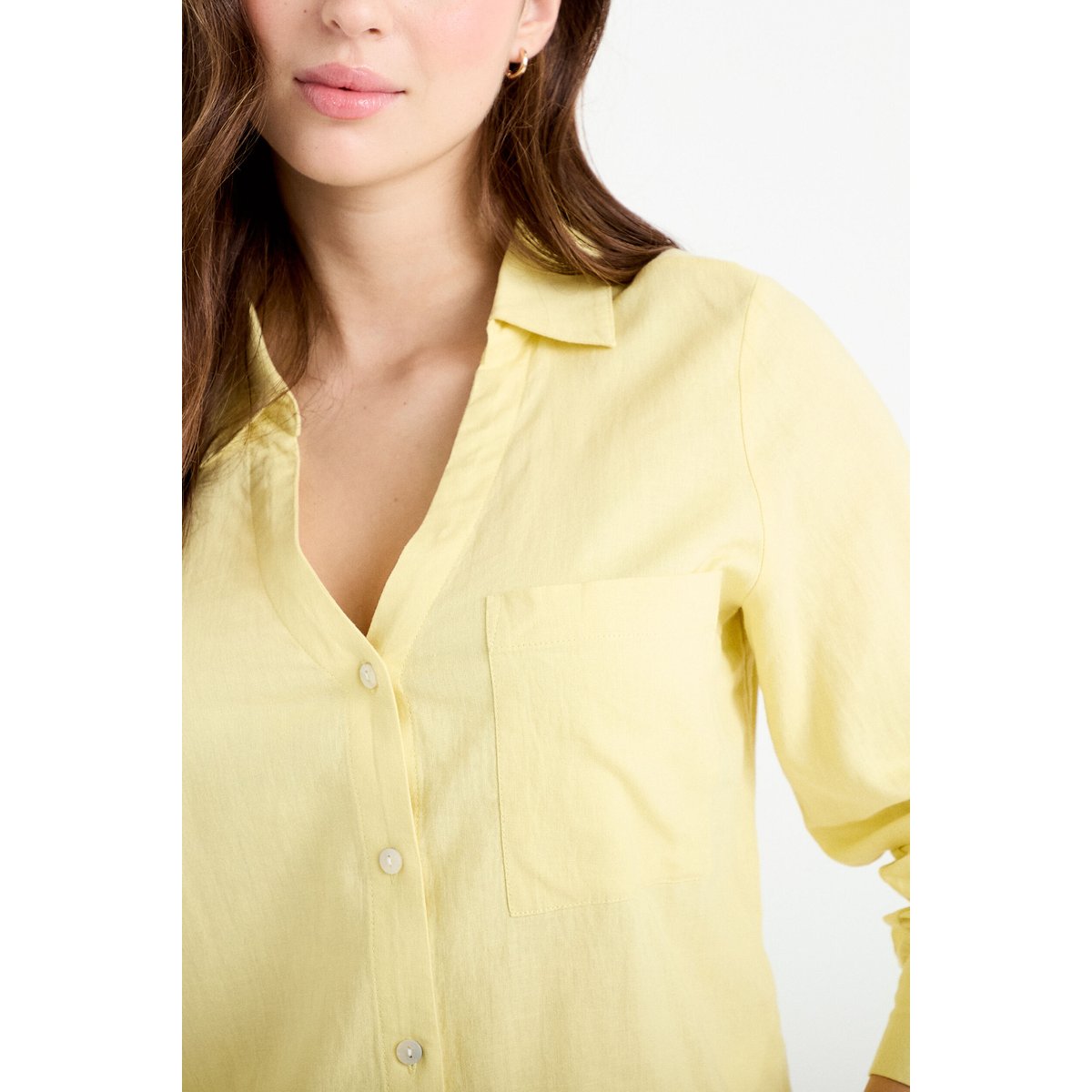 Chemise lin col V manches longues jaune pastel, CACHE CACHE