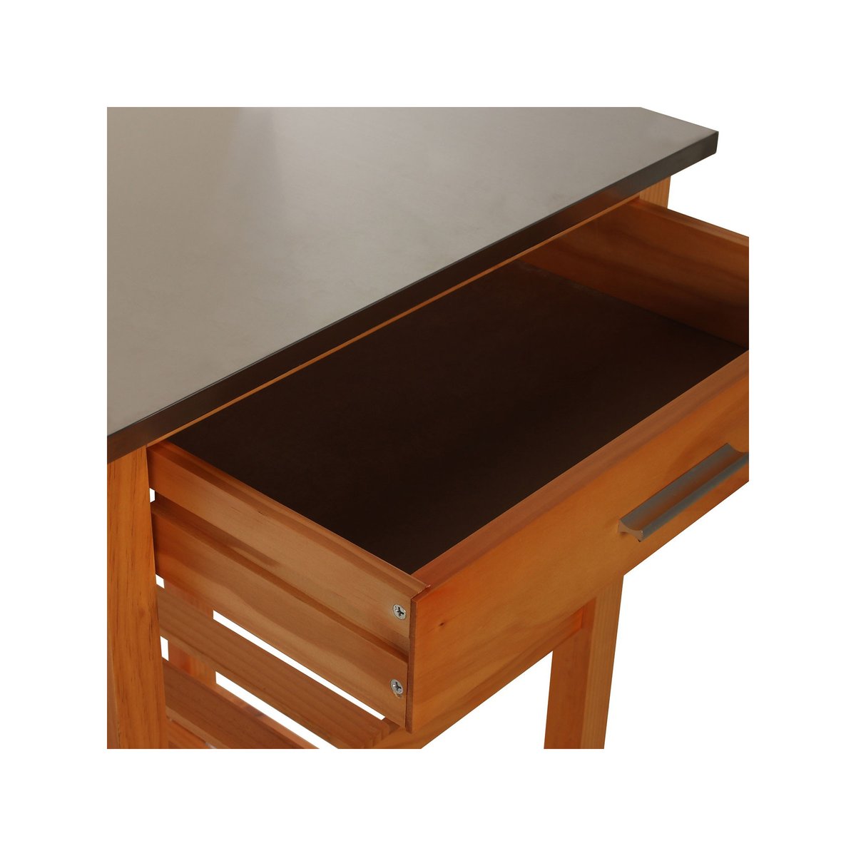 Desserte de Cuisine sur Roulettes en Bois Plateau Inox 1 Tiroir + 2 Étagères bois, WADIGA