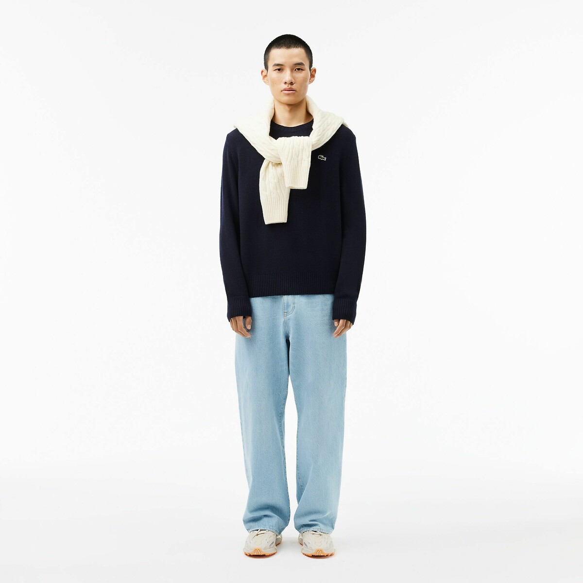 Pullover mit rundem Ausschnitt, Glattstrick aus kardierter Wolle marine, LACOSTE