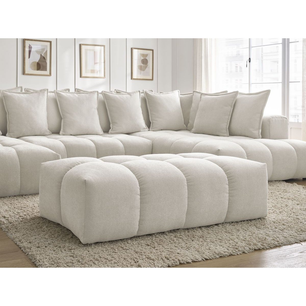 Canapé panoramique convertible 7 places en tissu texturé avec pouf, EVEREST blanc, BOBOCHIC