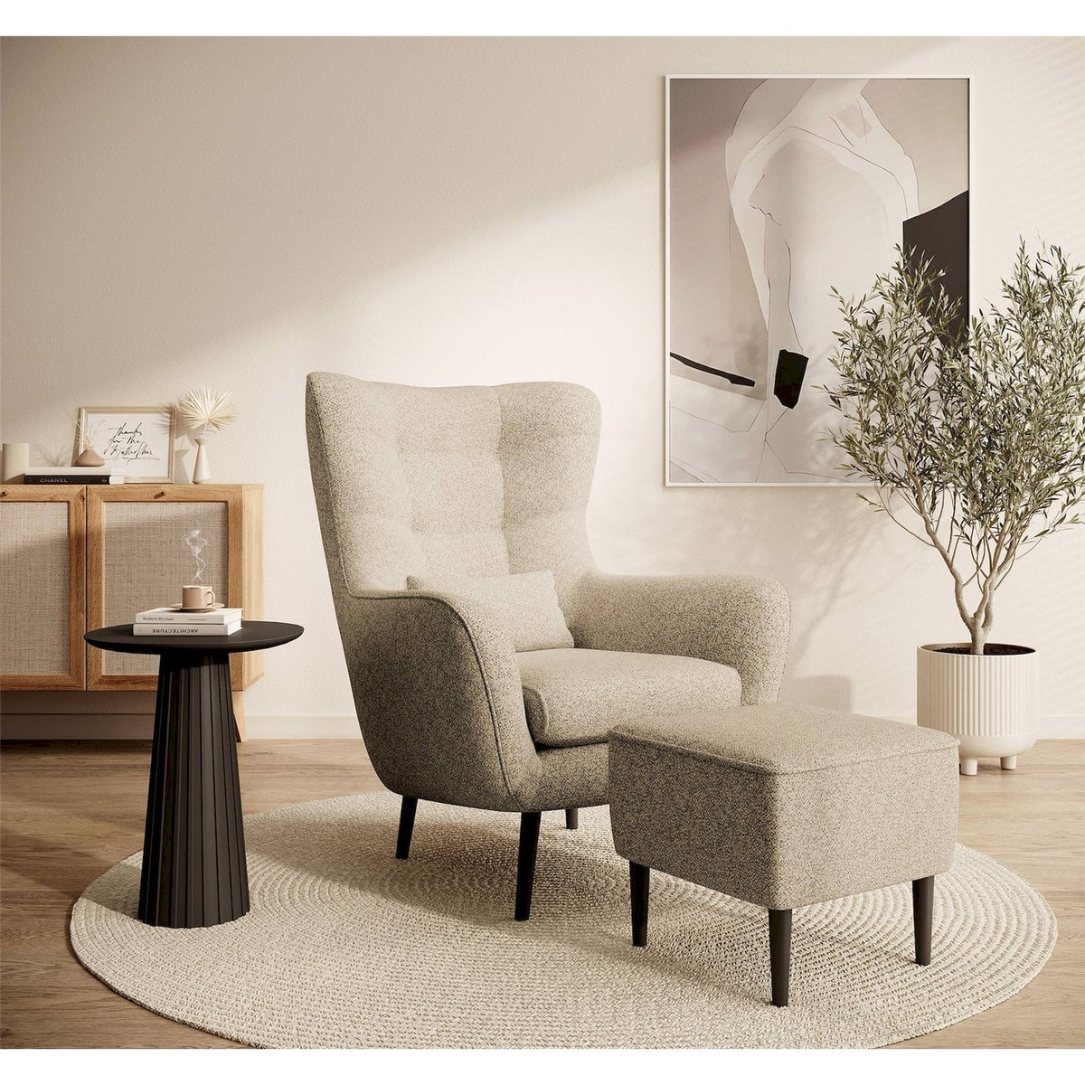 Pouf repose-pieds velours collection VENCE gris anthracite et noir, RECOLLECTION
