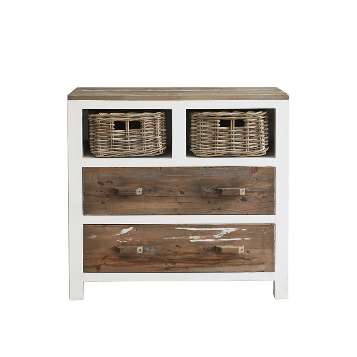 Commode en bois recyclé massif 80 cm 2 tiroirs HONFLEUR blanc, BERAH GETAH