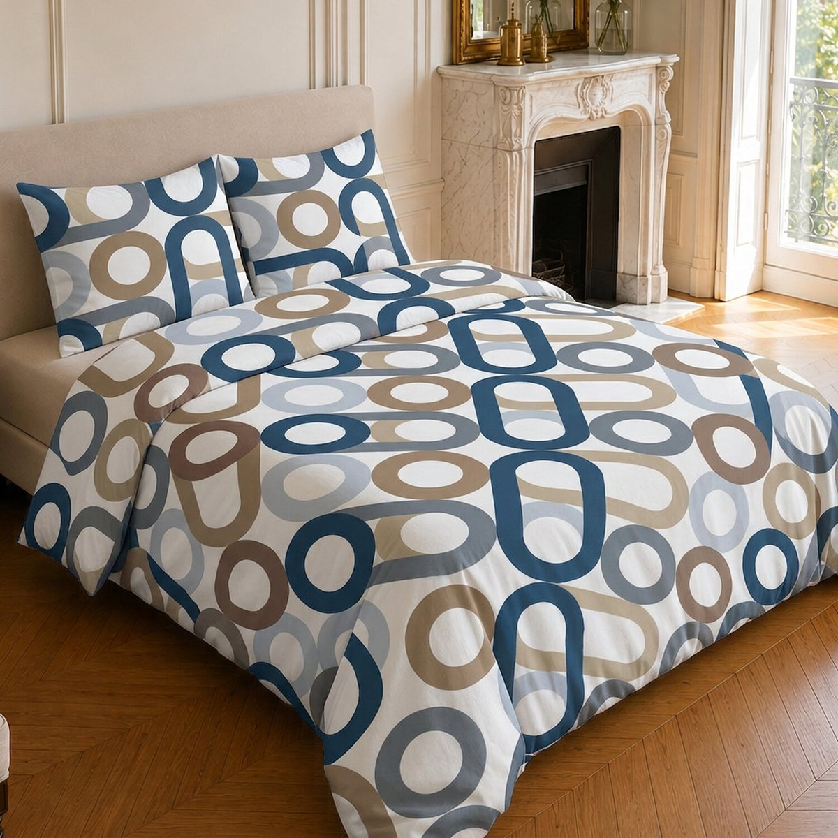 Parure de lit en coton motif géométrique, DAIKO bleu, C DESIGN HOME TEXTILE